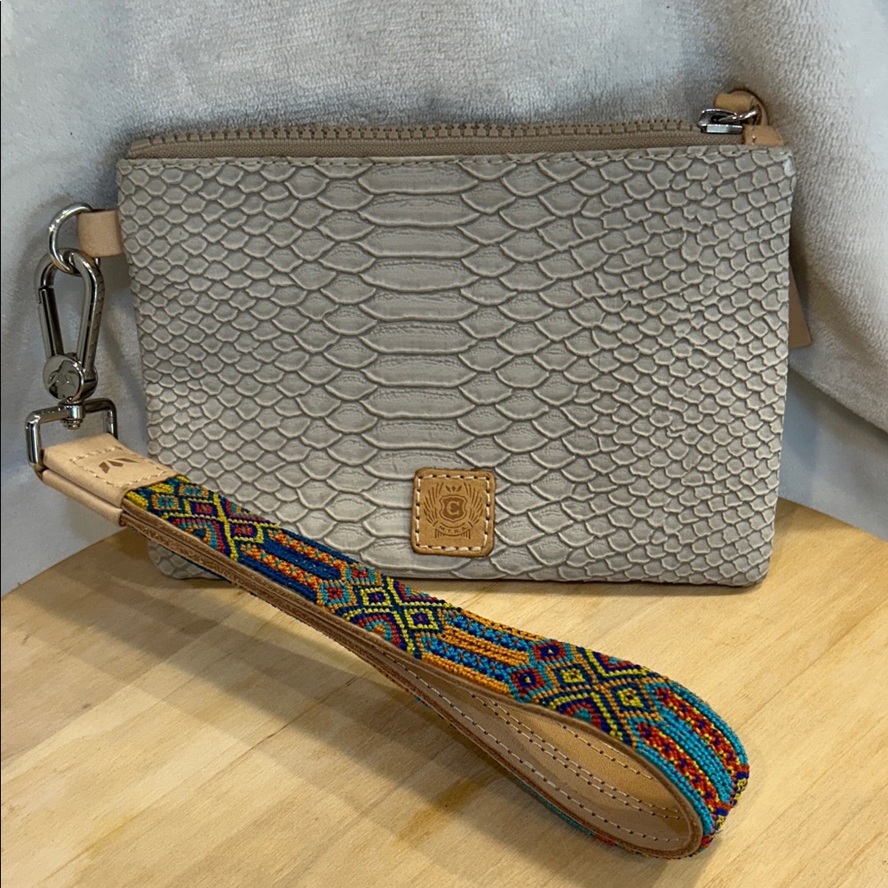 Consuela Light Gray Embossed Wristlet with Multicolor Beaded Strap